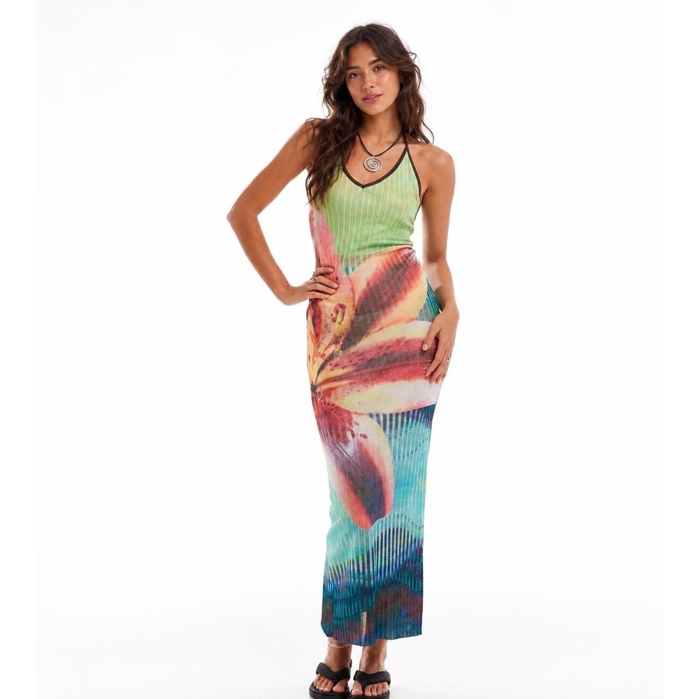 SIDERES X MANGO Women's Maxi Dress SMALL Tropical Floral Halter Beach 80626